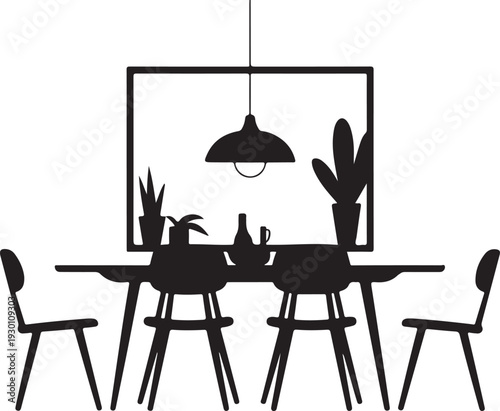 Black silhouette of dining table with four chairs and plants