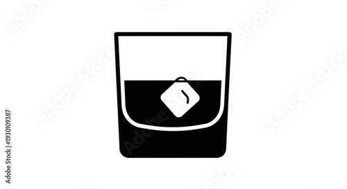 Minimalist black and white icon of a refreshing drink in a glass with a single ice cube floating