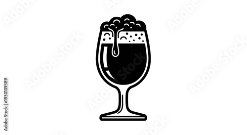 Minimalist black and white icon of a frothy beer glass overflowing with rich beverage foam