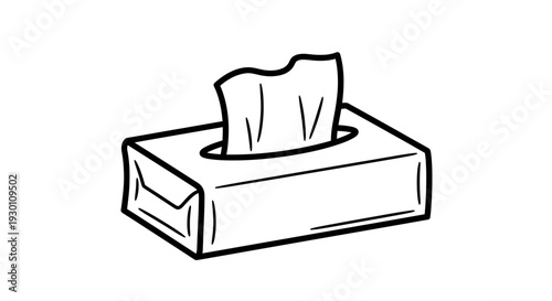 Simple monochrome line illustration of a rectangular tissue dispenser box with a single sheet