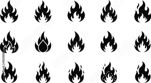 Fire flame silhouette vector icon set with multiple burning shapes, simple black symbols for danger, heat, hazard warnings, and graphic design