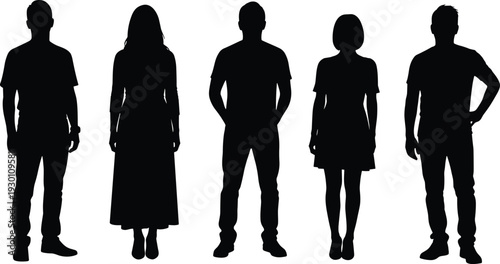 Black silhouette collection of diverse men and women standing in casual poses isolated on white background for community, teamwork, group, and social diversity concepts.