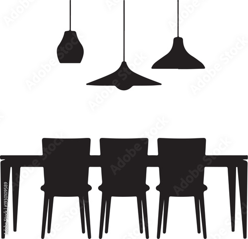Black silhouette of dining table with four chairs and three hanging lamps