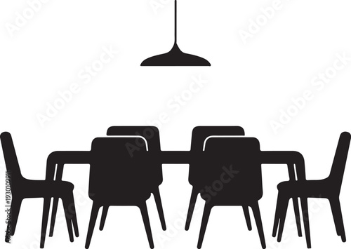 Black silhouette of dining table with six chairs and hanging light