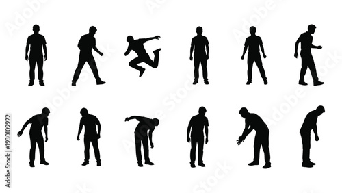 A set of black silhouette icons depicting various human poses and movements isolated on white background, Vector