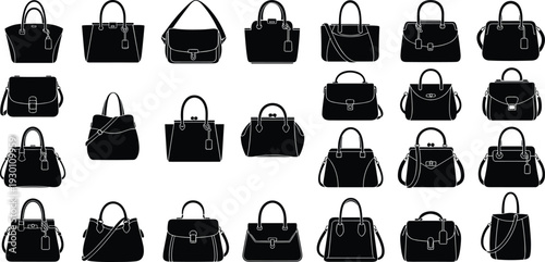 Set of black handbag silhouettes collection, stylish women fashion purses and shoulder bags, elegant accessory icons vector illustration isolated on white background