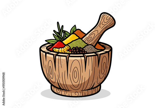 Wooden Mortar with Herbs and Spices.