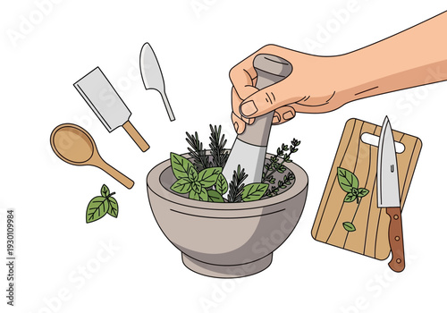 Hand Grinding Herbs in Mortar Pestle.