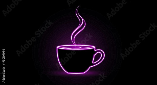 Vibrant neon purple coffee cup glowing with warm steam on a dark background for energetic mood