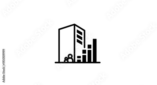 Corporate office building with financial growth chart and abstract people figures illustration