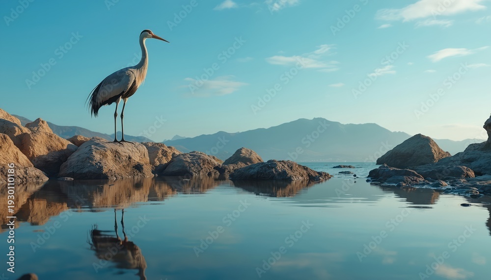 Fototapeta premium Tall grey heron stands on wet rocks by calm sea water under blue sky. Bird reflects in still water near mountains and coastal landscape. Peaceful avian wildlife.