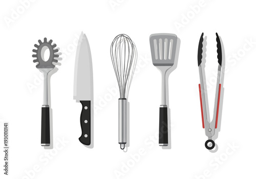 Kitchen Utensils with Black and Silver Handles.