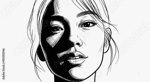 Stark monochrome portrait of a thoughtful woman's face captured with dramatic geometric shadows