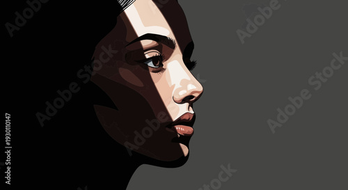 Dramatic vector illustration of a woman's face in profile with strong light and shadow contrast