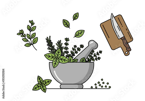 Mortar and Pestle with Herbs and Spices.