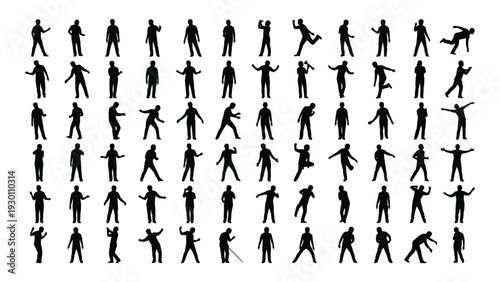 A collection of 40 black silhouettes of people playing sports isolated on white background, Vector
