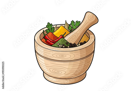 Mortar and Pestle with Herbs and Spices.