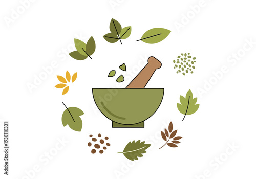 Mortar and Pestle with Leaves and Herbs.