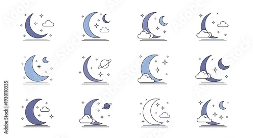 Stylized crescent moons with stars and clouds in minimalist vector designs