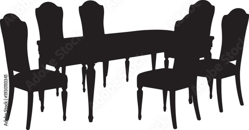 Black silhouette of dining table with six chairs furniture