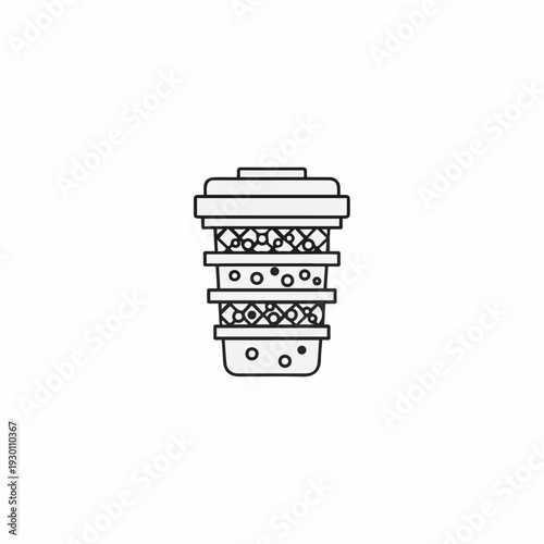 A simplified icon representing a water filtration system, showcasing layers and components designed for purification.