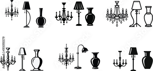 Black vector illustration set of intorior icons like candel holder, table lamp,flower pot collection of silhouette equipment and glass decoration objects in a patterned design