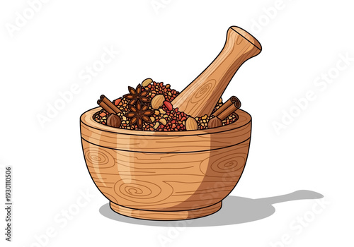 Mortar and Pestle with Spices Inside.