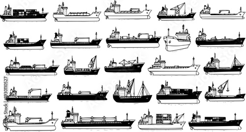 Hand-Drawn Black and White Line Art Set of Various Cargo Ships and Merchant Vessels. Diverse Collection of Merchant Marine Boats for Maritime Transport and Logistics Illustrations