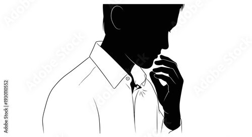 Silent reaction to an unseen irritant on a man's collar, conveying quiet discomfort or deep thought