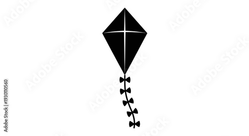 Minimalist black silhouette of a traditional flying kite with a whimsical bow-adorned tail