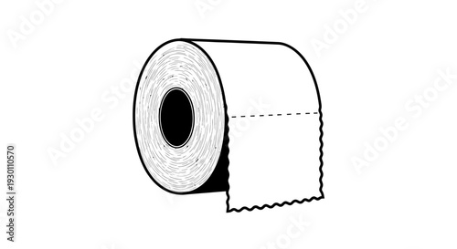 Monochromatic line art depicting a standard roll of soft sanitary paper with a torn edge