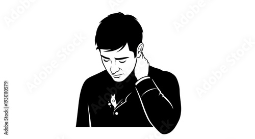 Monochrome vector art portraying a distressed man holding his neck in deep thought or discomfort