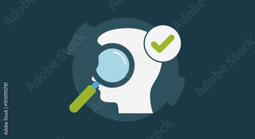 Conceptual illustration of human head with magnifying glass and checkmark