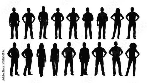A group of people standing in two rows with their hands on their hips isolated on white background, Vector