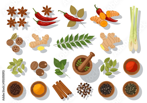 Assorted Spices and Herbs on White Background.
