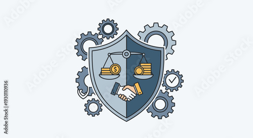 Conceptual illustration of teamwork and financial balance using gears and shield