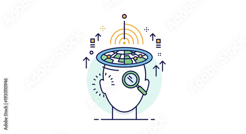 Conceptual illustration of the human brain with network connection signals
