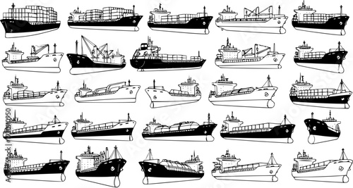 Hand-drawn collection of various cargo and transport ships illustrations, showcasing maritime logistics and global shipping vessels in black and white line art style.