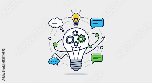 Conceptual lightbulb with gears and thought bubbles illustration on gray background