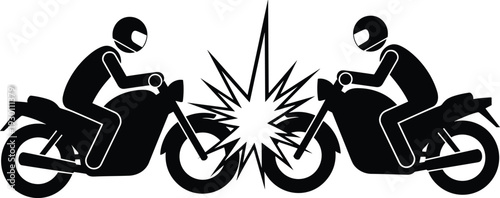 Black and White Vector Illustration of a Head-on Motorcycle Collision Representing Traffic Accidents Road Safety Risk Insurance and Emergency Situations