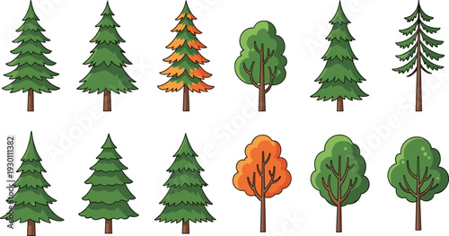 Vector Illustration Set of Twelve Pine and Deciduous Trees Featuring Various Green Conifers Stylized Round Canopies and Orange Autumn Foliage Isolated on White Background.