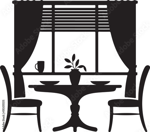 Black silhouette of dining table with two chairs by window