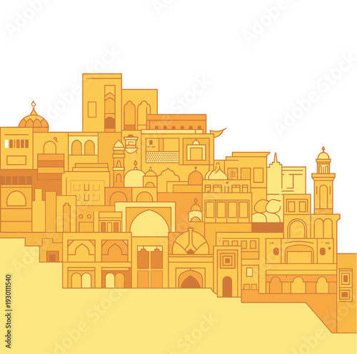 Middle Eastern city skyline illustration, traditional Arabic architecture buildings landscape vector travel culture background