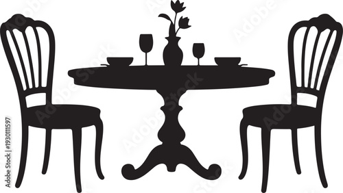 Black silhouette of dining table with two chairs furniture