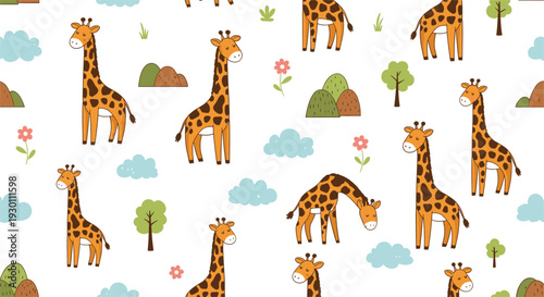 Cute giraffe seamless vector pattern, cartoon safari animal background for nursery textile fabric design