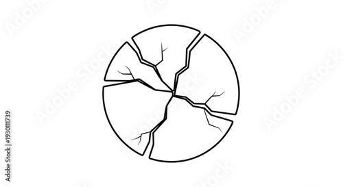 Cracked circular shape with broken pieces on white background