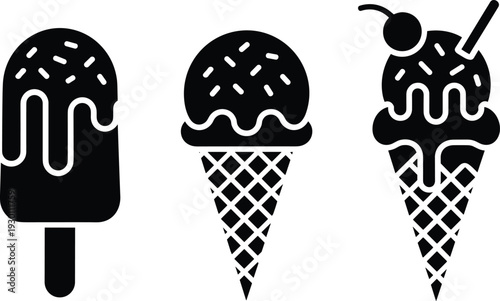 Ice cream icons set, popsicle and waffle cone dessert silhouettes sweet frozen food illustration
