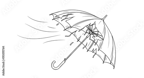 Damaged umbrella blowing in strong wind line art illustration