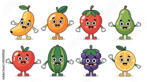 Vibrant cartoon fruits with distinct facial expressions and anthropomorphic features standing in a grid pattern