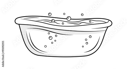 Line art illustration of a bathtub with water and bubbles